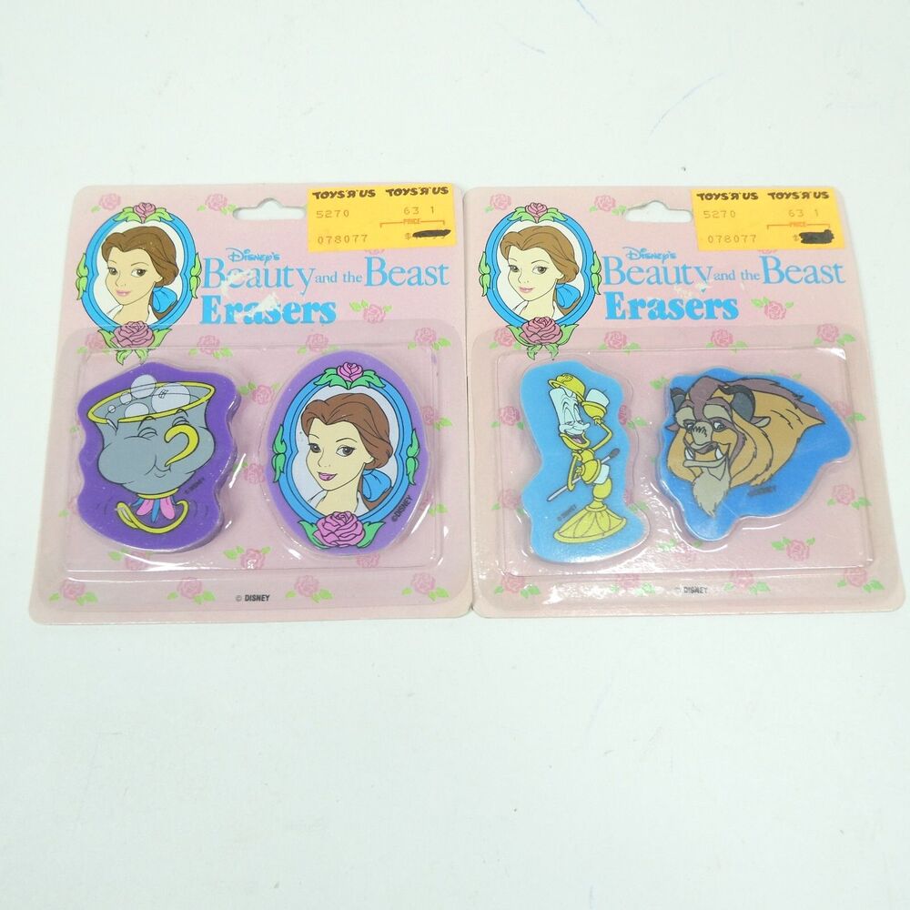 4 Beauty & The Beast Character Erasers Vintage 1990s NOS Sealed Disney